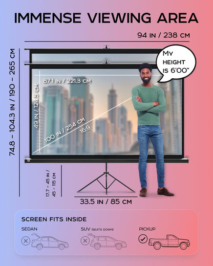 100 Inch Indoor and Outdoor Projector Screen with Stand for Movies or Presentations - HD Premium 16:9 Folding Free Tripod Screen with Carry Bag and Straps, Matte