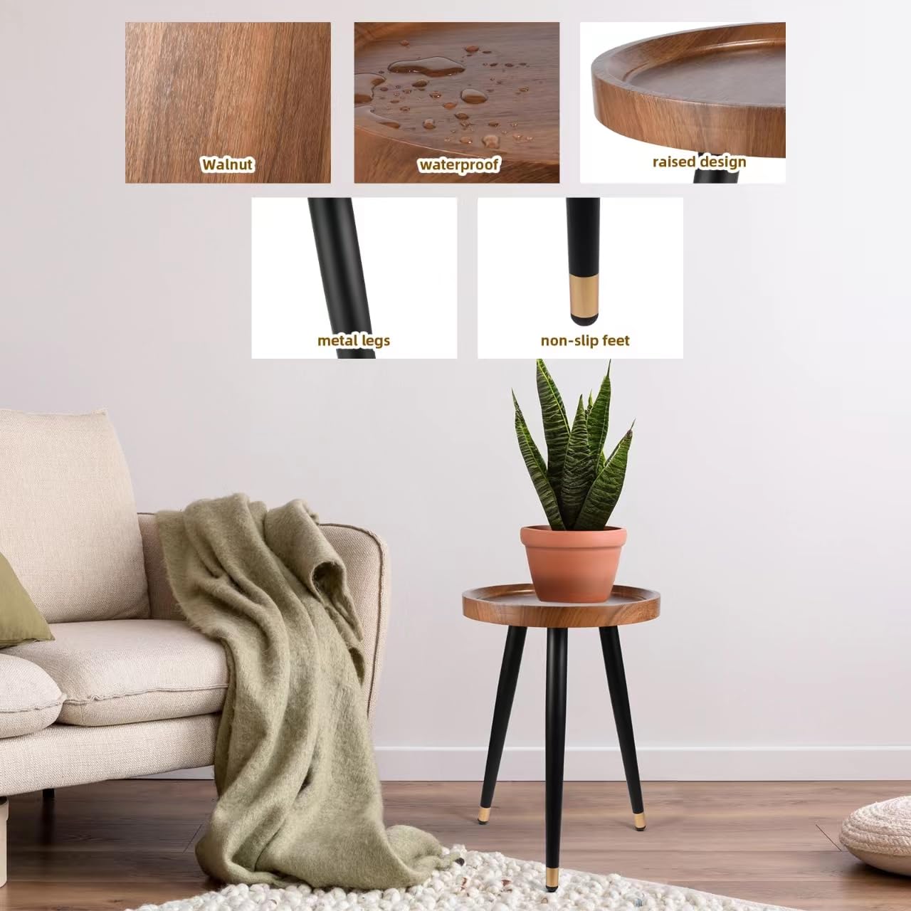 KGPLOME Plant Stand Indoor,Mid Century Walnut Wood Plant Table, Heavy Duty Metal Tall Flower Pot Stand,Modern Round Small Side End Table with Raised Design(12"x17") (2, 12 x 17 in)