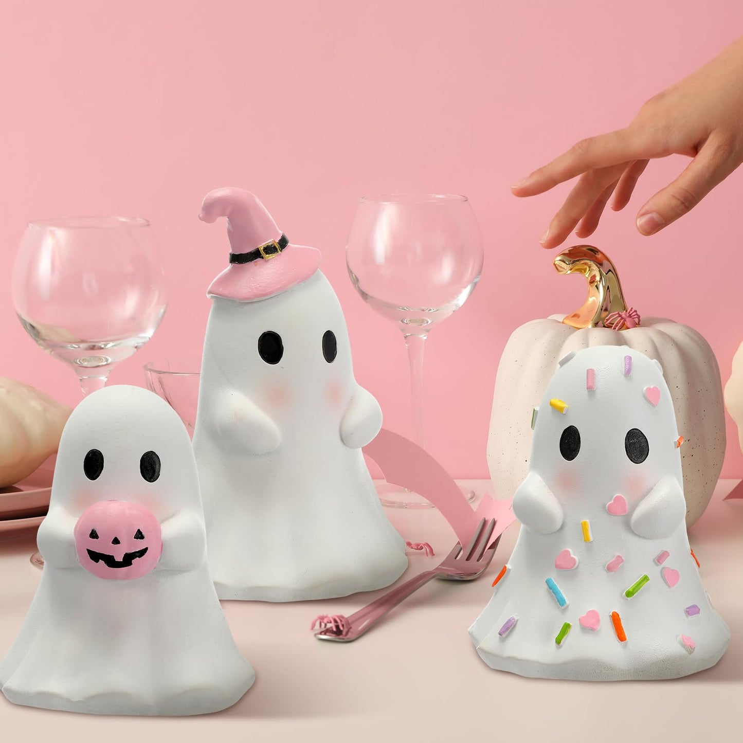 Yousoontic 3 Pcs Pastel Halloween Ghost Figurines Pink White Cute Ghost Summer Halloween Table Decor Tiered Tray Decorations Pastel Resin Statue Centerpieces for Home Mantel Tabletop Desk Party Office