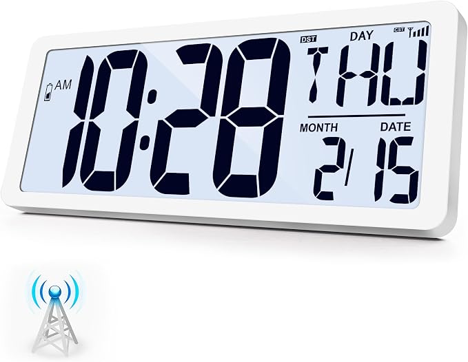 Atomic Clock with Backlight 15.0" Digital Wall Clock Battery Operated Atomic Wall Clock Digital Alarm Clock with Day Date & Temperature for Wall Office Bedroom Living Room