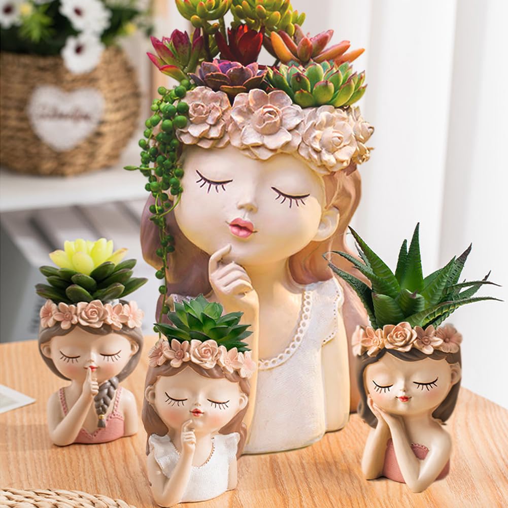 Cute Succulent Plant Pot with Drainage Hole large girl face planter pot big Resin lady head planter 11 inch tall flower vases for indoor and Outdoor plants fairy garden gift for female plants lover