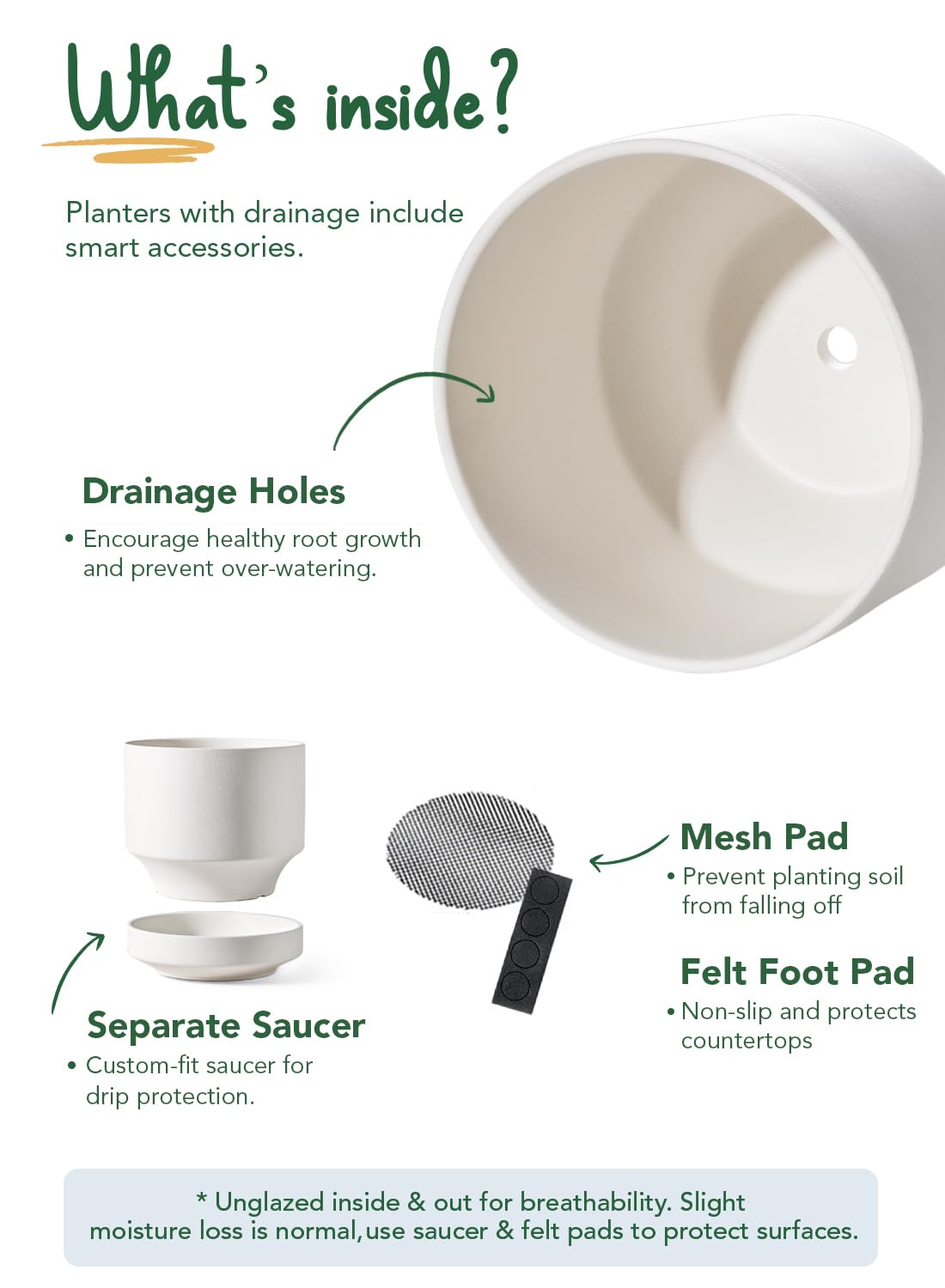 LE TAUCI 12 Inch Pots for Plants with Saucer | Ceramic Outdoor & Indoor Planter Pot for Plants | Drainage Hole, Mesh Pad | Unglazed Porous | Modern for Home, Office and Patio – Chalk White