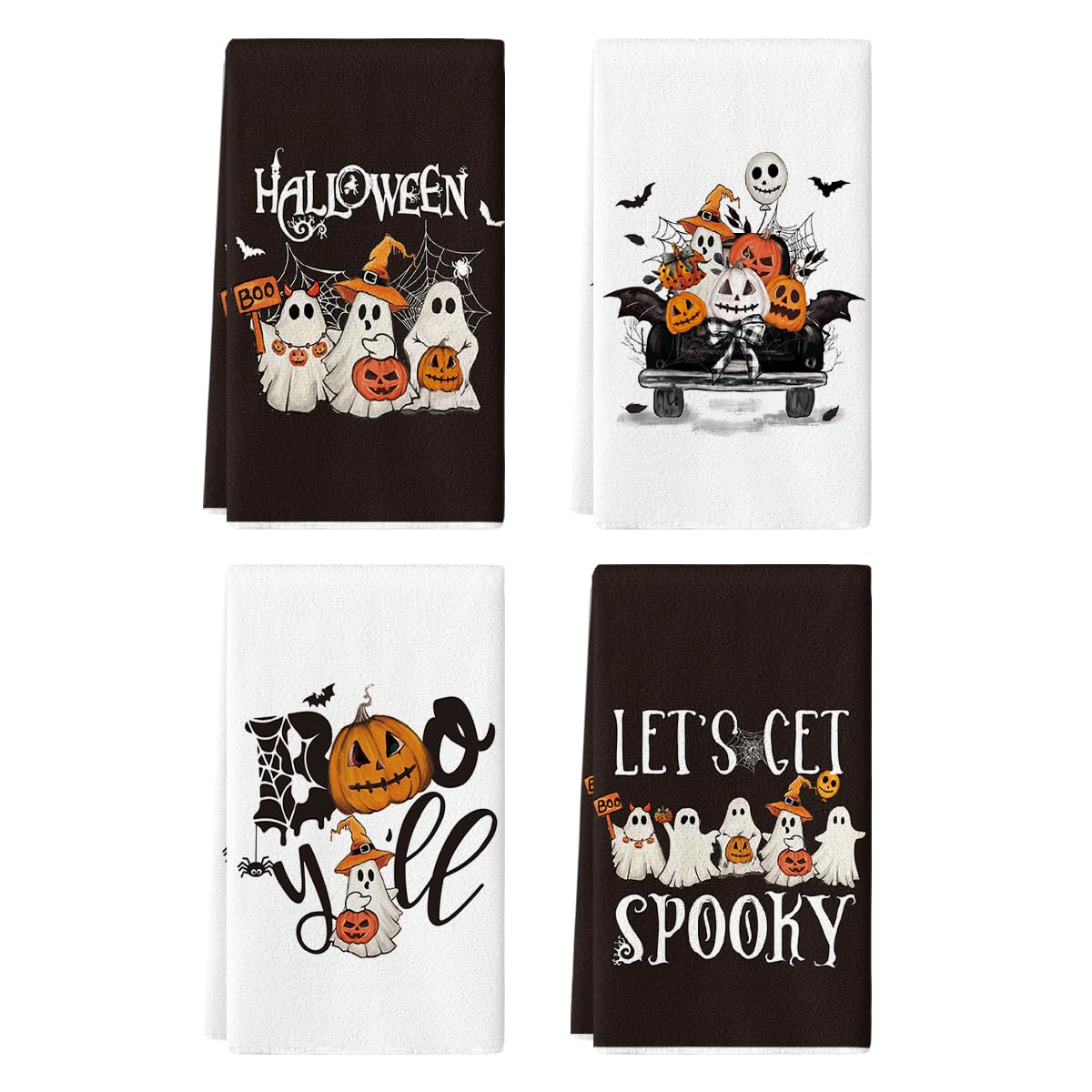 Artoid Mode Ghost Pumpkins Bats Boo Truck Spooky Halloween Kitchen Towels Dish Towels, 18x26 Inch Jack-O'-Lantern Decoration Hand Towels Set of 4