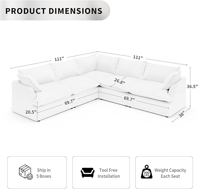 Waterproof Cloud Couch, 5 Seat V Shape Stain Resistant Modular Sectional Sofa