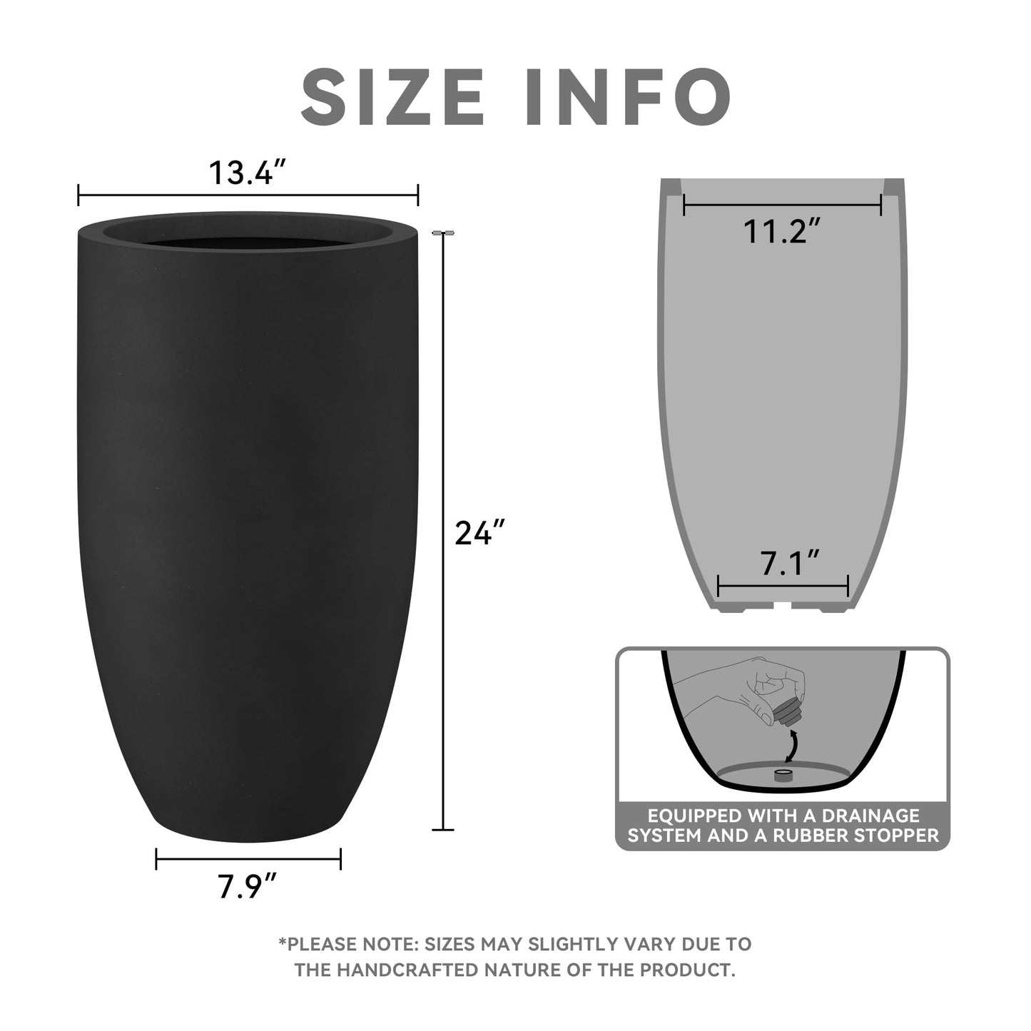 Kante 24 Inch Tall Round Concrete Planter, Large Indoor Outdoor Plant Pots with Drainage Hole and Rubber Plug, Modern Decorative Garden Pots for Home Patio Porch, Black