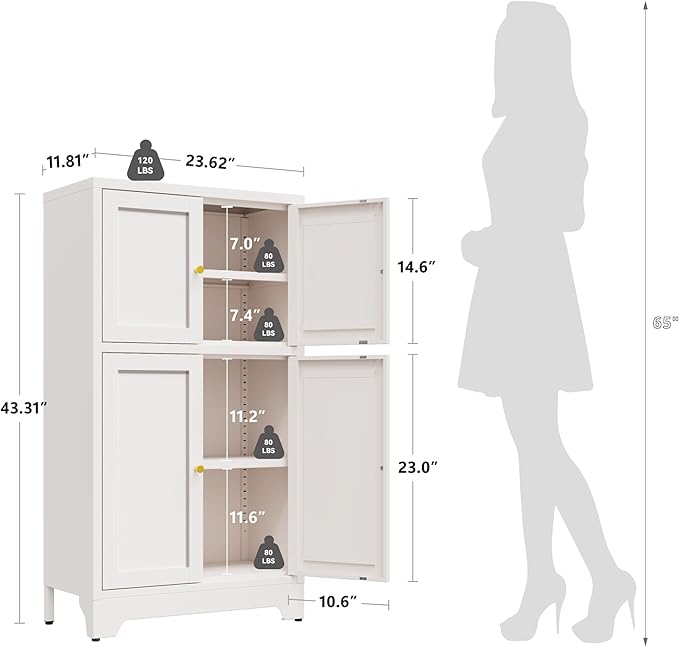 YAUWOH White Bathroom Floor Cabinet, Metal Storage Cabinet