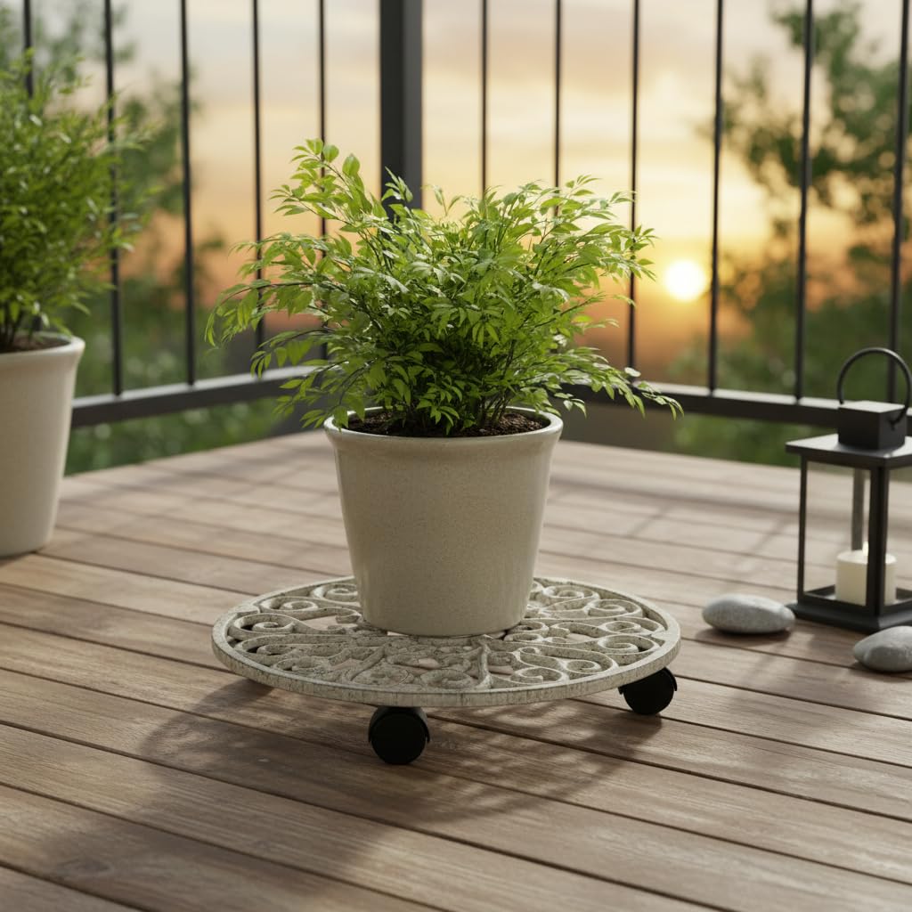 Comfy Hour 12" Cast Iron Plant Caddy with Wheels, Heavy Duty Rolling Flower Pot Stand, Decorative Victorian Style Plant Dolly for Indoor Outdoor Home, Antique White Finish, 1 Unit