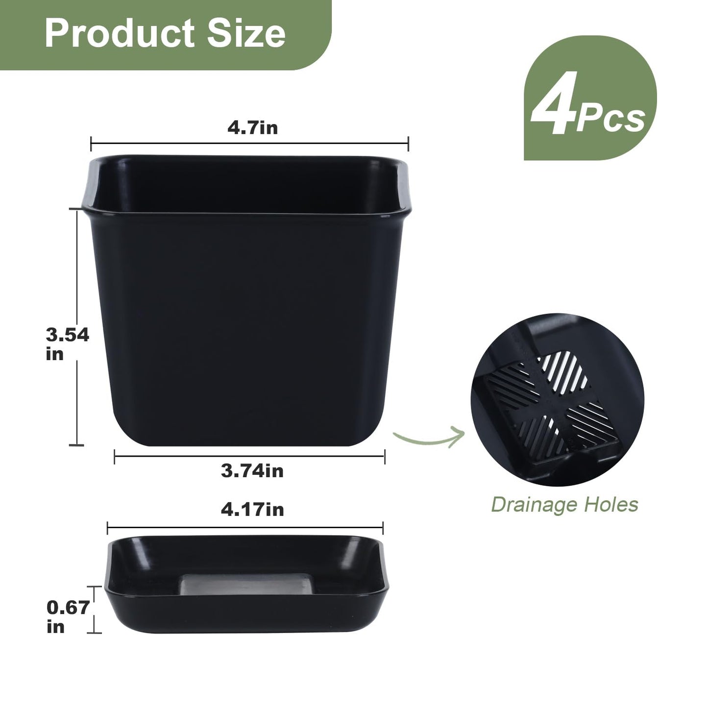 Oliz Herb Garden Planter Indoor Kit Pots for Indoor/Outdoor Plants 4 Packs Windowsill Plant Pots with Drainage and Tray, Window Pot for Indoor Plants (Black)