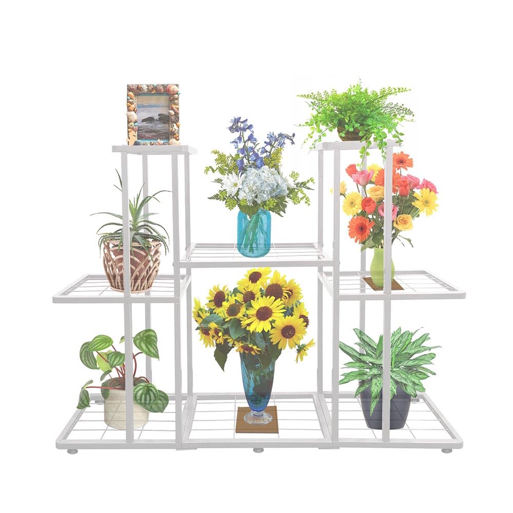 MTB Garden 3 Tier 8 Potted Metal Large Plant Stand for Indoor Outdoor Flower Pot Display Planter Shelf, White