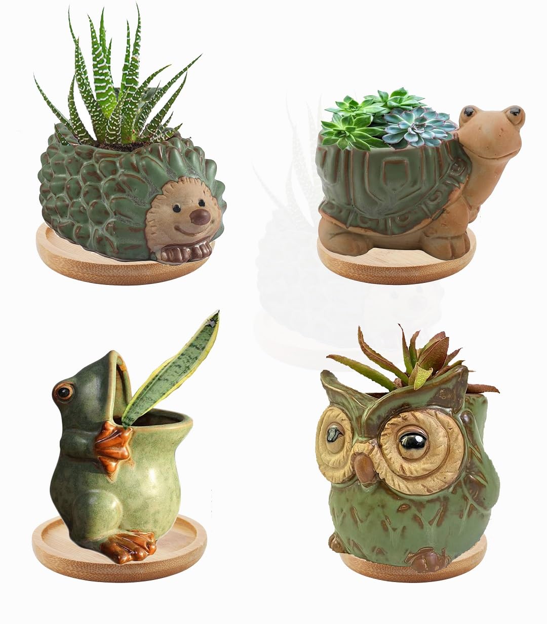 zmgmsmh 4pcs Green Animal Shaped Planter Small Succulent Pot Small Succulent Pots with Drainage, Ceramic Animal Planter, Indoor Plant Container Planter with Drainage Hole Home Office Desk Garden Gift