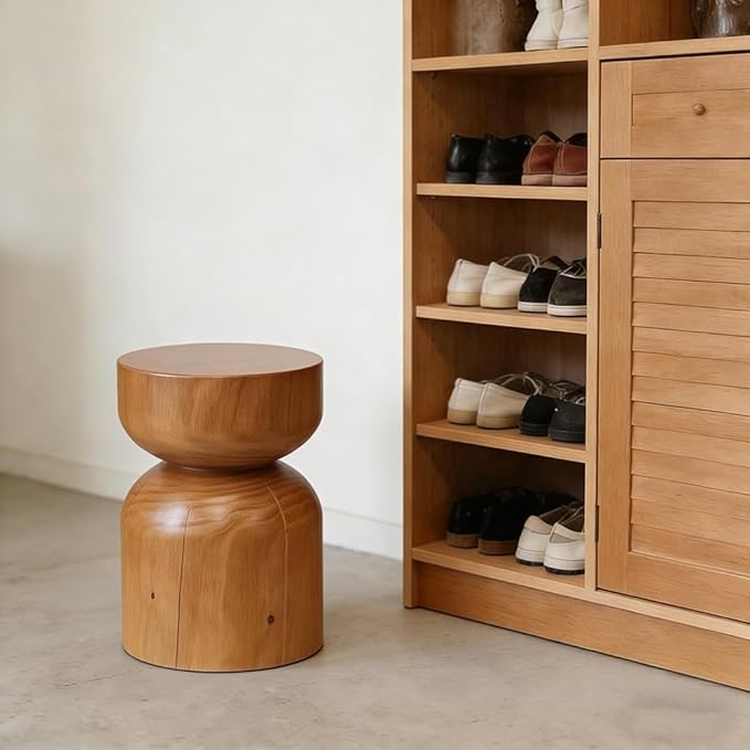 Solid Wood Stool & Sofa Side Table, Rustic Hourglass Wabi-Sabi Accent Coffee