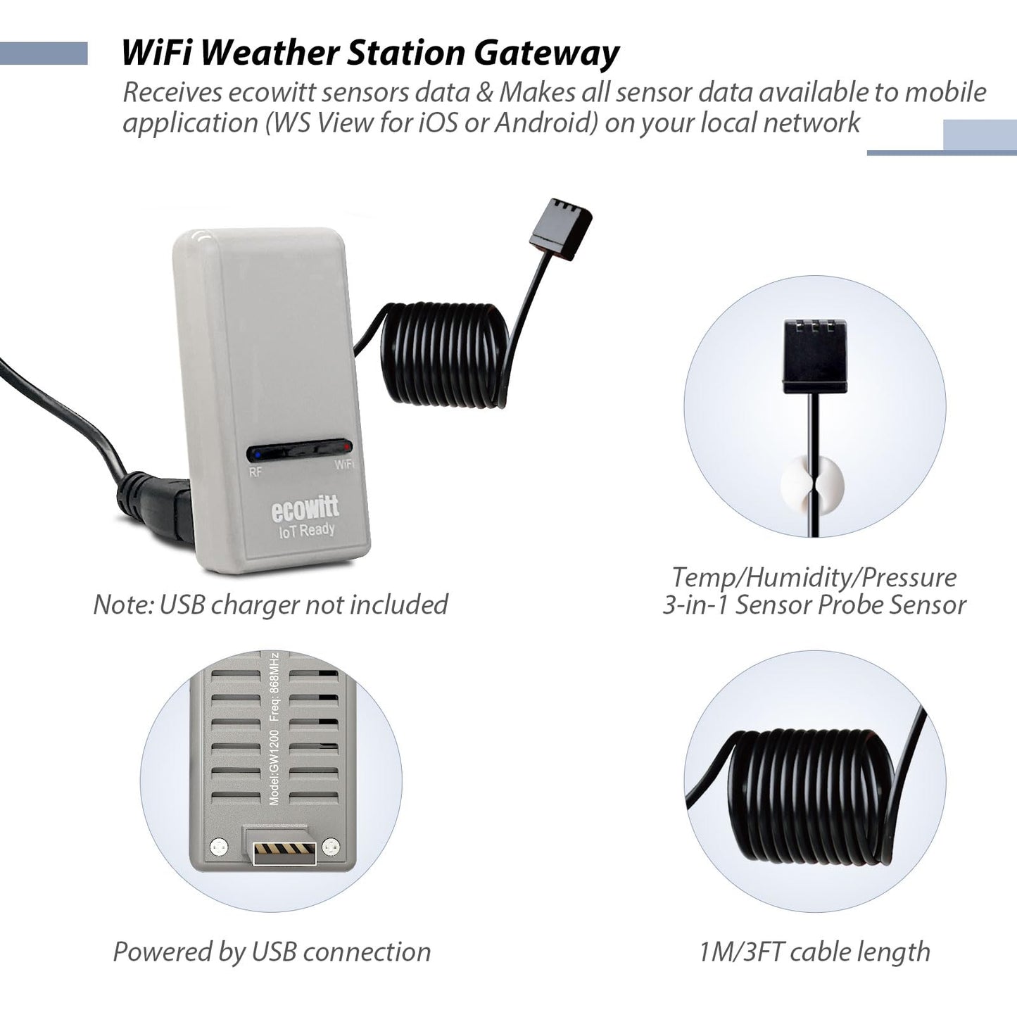 ECOWITT GW1206 Soil Moisture Tester Kit, Includes GW1200 IoT Wi-Fi Gateway and WH51 Soil Moisture Sensor, 915 MHz