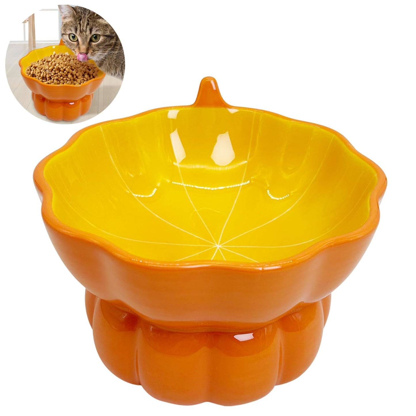 Hamiledyi Ceramic Raised Cat Bowl Tilted 15° Elevated Cat Bowl for Food or Water Anti Vomiting and Whisker Fatigue Cute Pumpkin Shaped Pet Feeder Bowl for Indoor Cats Kitten and Dogs (Orange Pumpkin)