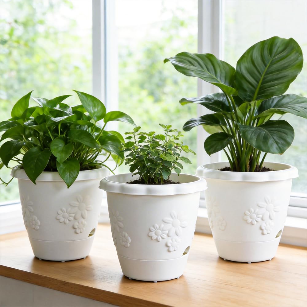 ULIKEIT 8 Inch Self Watering Pots for Indoor Plants, Set of 4 Plastic Planters with Drainage Holes and Saucers, Outdoor Flower Pots Home Garden Modern Decor (White)