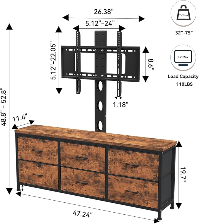 TV Stand with Mount, Fabric Dresser with 6 Drawers