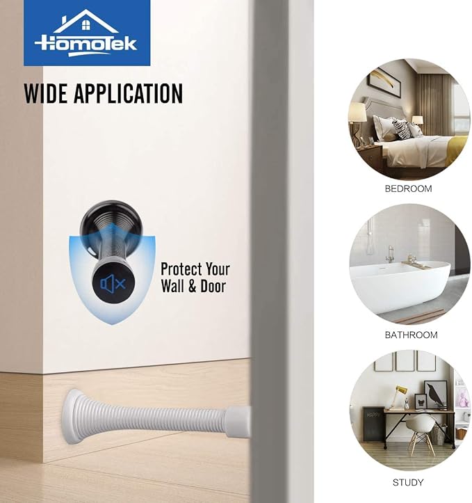 HOMOTEK 1 Pack Spring Door Stops,3-1/8” Heavy Duty Door Stop - Flexible Spring Door Stopper with Low Mounted White Rubber Bumper Tips, White