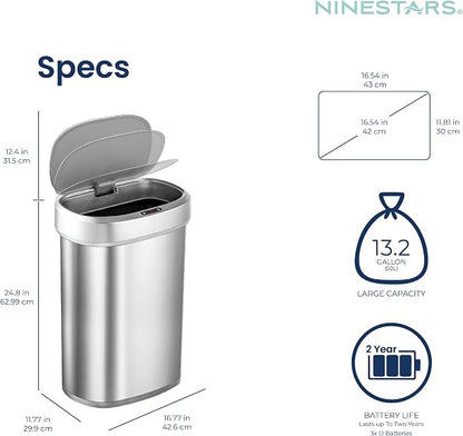 Ninestars DZT-50-49 Automatic Touchless Motion Sensor Oval Trash Can with Black Top, 13 gallon/50 L, Stainless Steel