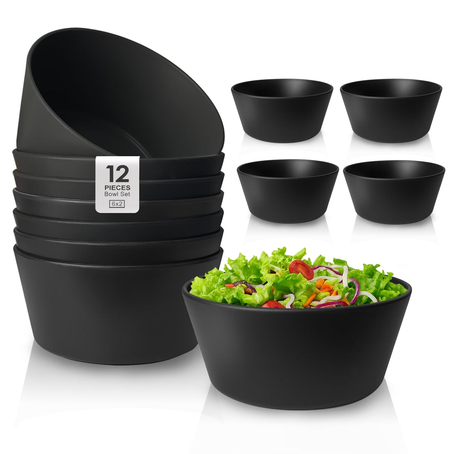 Teivio 12-Piece Wheat Straw Bowls Sets, Plastic Kitchen 22oz Cereal Bowls Set of 12,Unbreakable Reusable Fruit/Salad/Soup Bowls, Dishwasher Safe, for Camping RV Apartment Essentials, Black