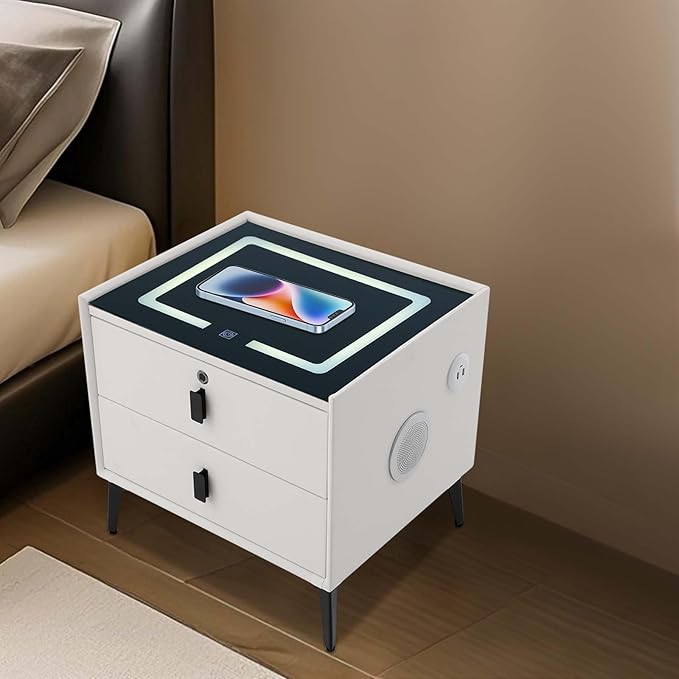 Smart Nightstand w/Fingerprint Lock Drawers, Smart Bedside Table w/USB Charging
