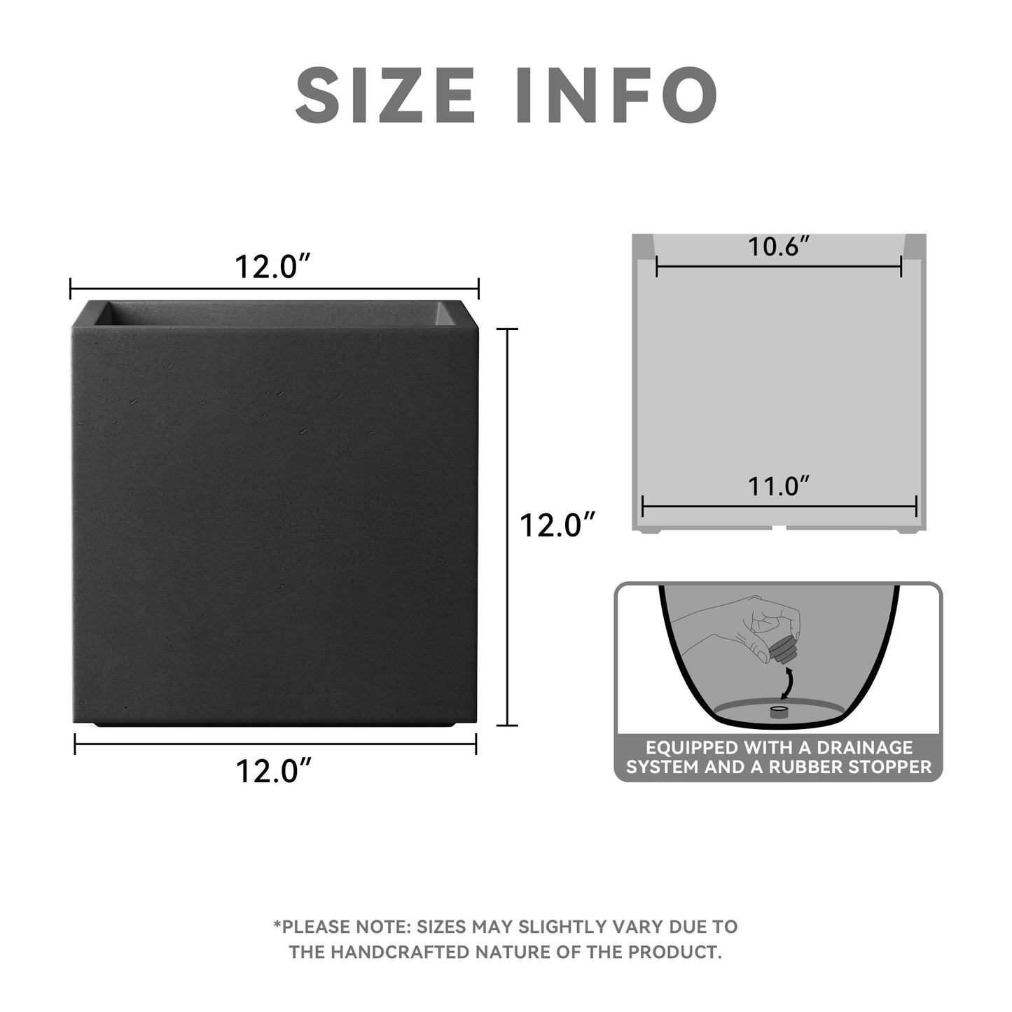 Kante 12 Inch Square Concrete Planter for Outdoor Indoor Home Patio Garden, Large Plant Pot with Drainage Hole and Rubber Plug, Black