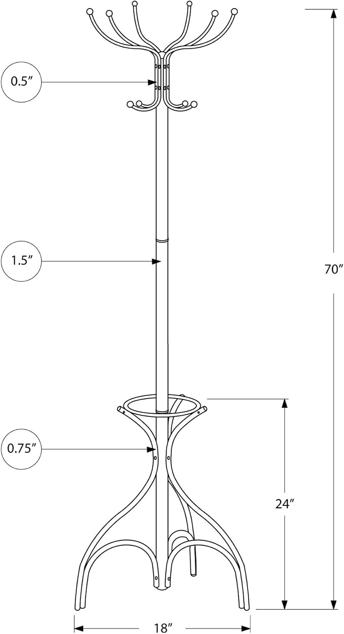 Monarch Coat Rack with an Umbrella Holder, Silver, 70"