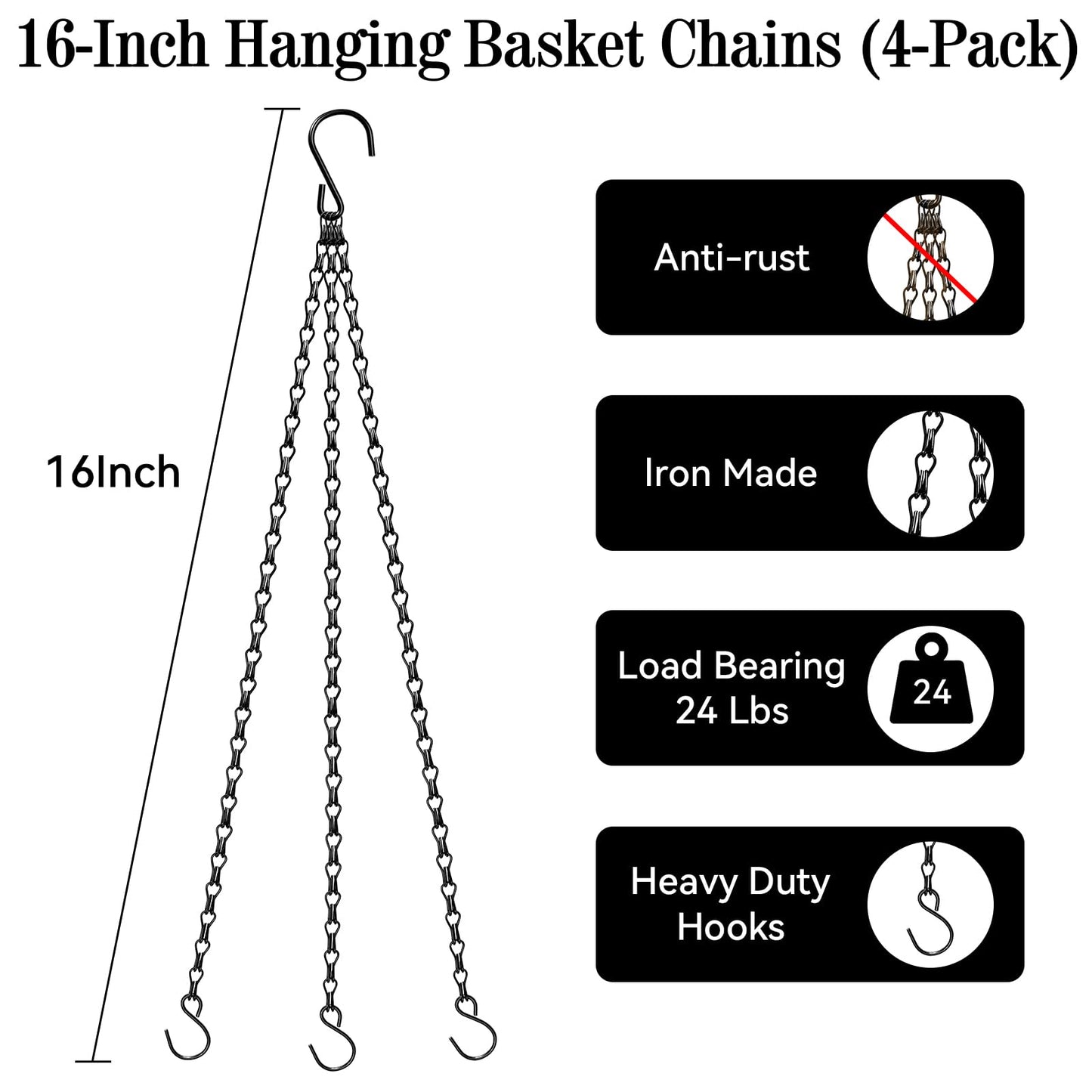 ZeeDix 4 Pack, 16 Inch Hanging Basket Chain with Hooks, Black Metal Planter Flower Pot Chain for Hanging Plants Outside, Adjustable Replacement Chain for Lanterns, Bird Feeders and Flowers
