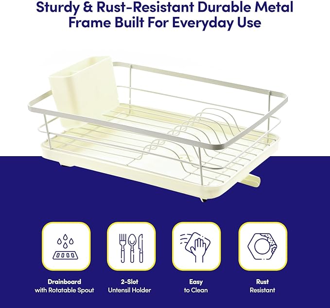 Dish Drying Rack 3 Piece Dish Drainer with Drainboard Set for Kitchen Counter – Dish Rack with Removable Utensil Holder & Swivel Spout for Countertop – DishRack for Plates, Cups & More, Ivory