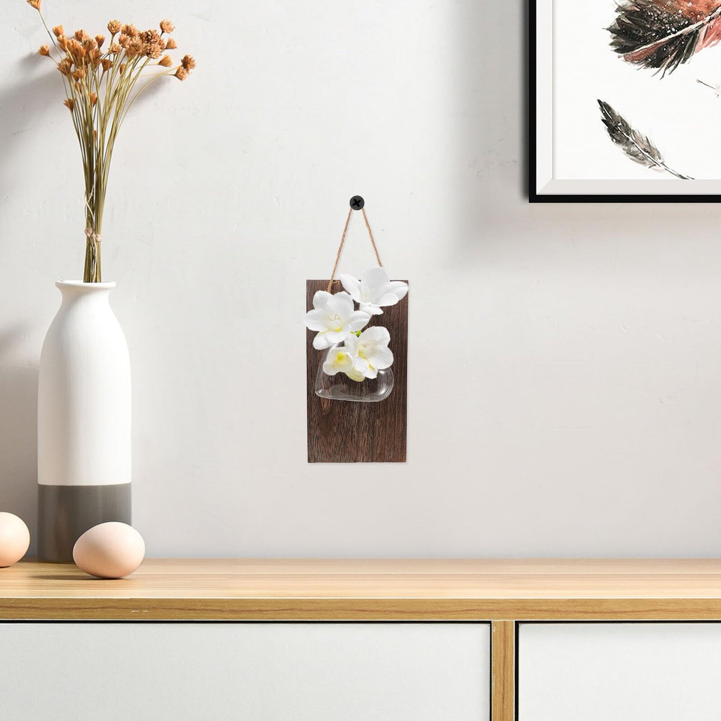 TOMETURE Wall Mounted Glass Hydroponic Flower Vase with Wooden Stand, Indoor Plant Terrarium for Home Décor and Green Plant Propagation