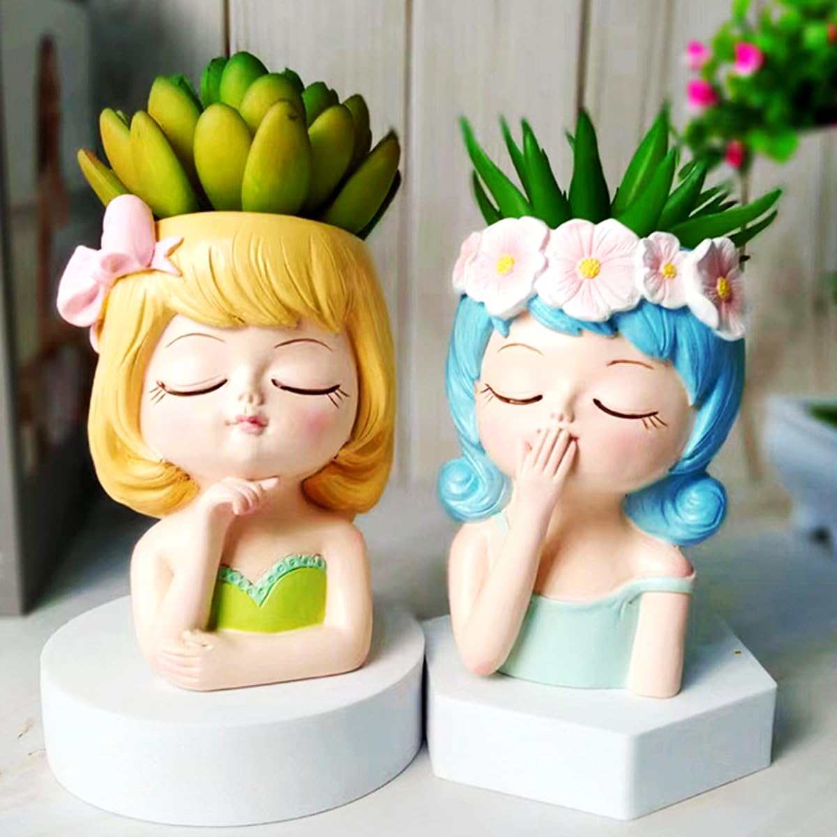 Cute Head Planter Pot Resin Succulent Planter Little Girl Flower Pot, Human Face Cactus Plants Container Bonsai Holder Thumb Pot Fairy Figurine Statue Planters with Drainage Decor Gift (Yellow)