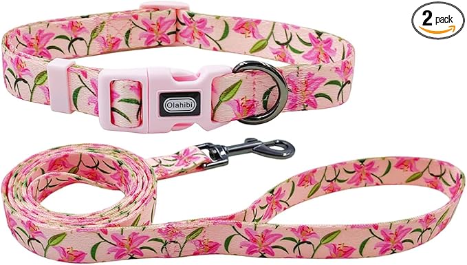 Dog Collar Leash Set, Floral Pattern, Polyester Material, Adjustable Collar and 5ft Matchcing Leash, for Medium Dogs.(M, Pink Lily)