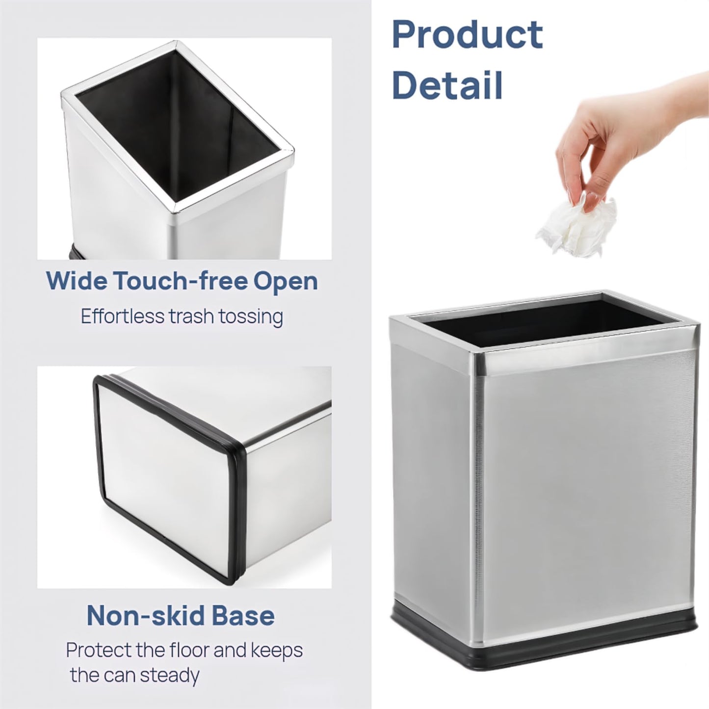 AVLA 10 Liter Open Top Trash Can, Stainless Steel Office Wastebasket, Kitchen Garbage Container Bin with Removable Bag Holder, Waste Trashcans for Bathroom, Restaurant, Restroom, Powder Room, Home