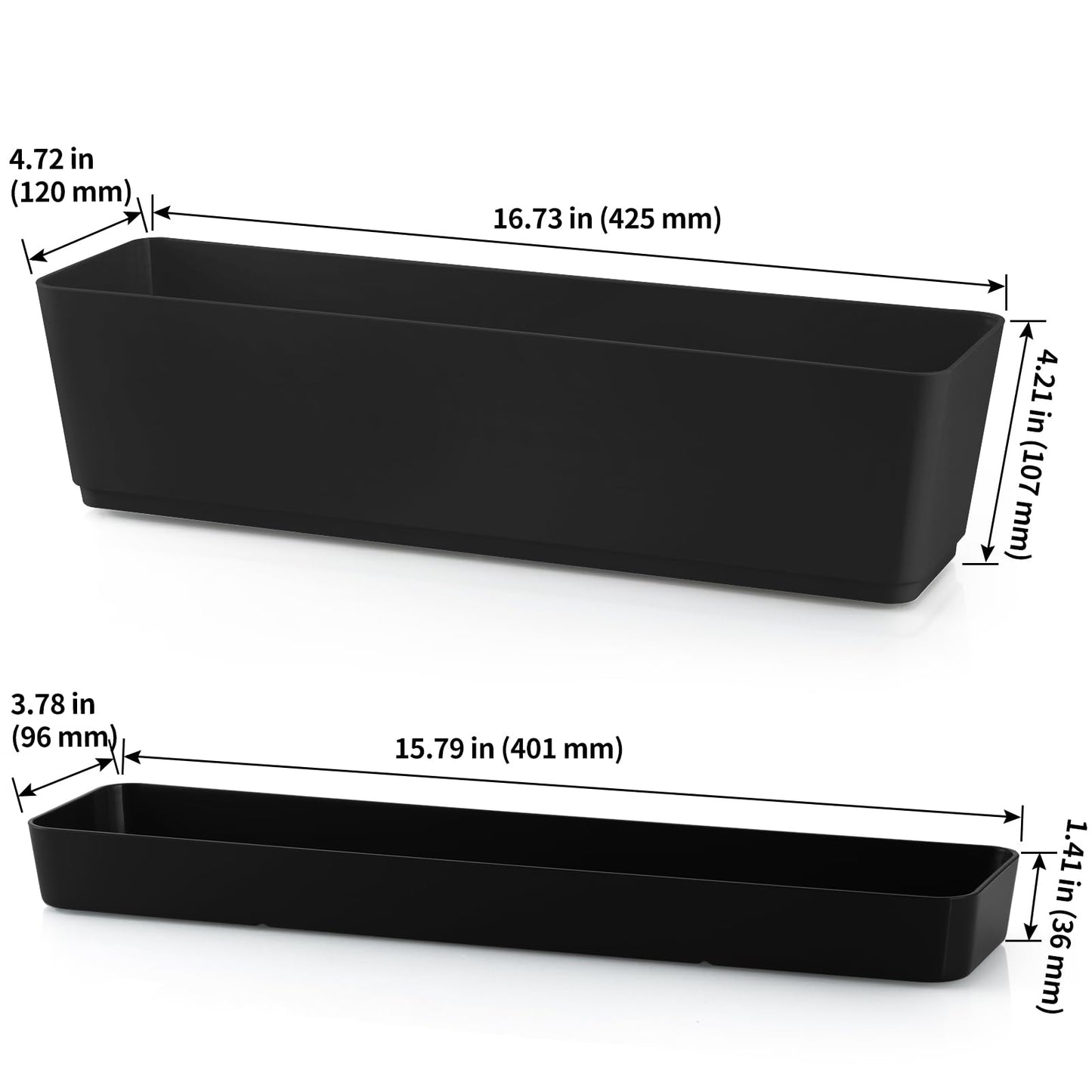 Skelang 3 Pcs Rectangular Plant Pot, 16.7" Flower Planter Box with Drainage Hole, Windowsill Container with Tray for Succulents, Cacti, Herbs, Black