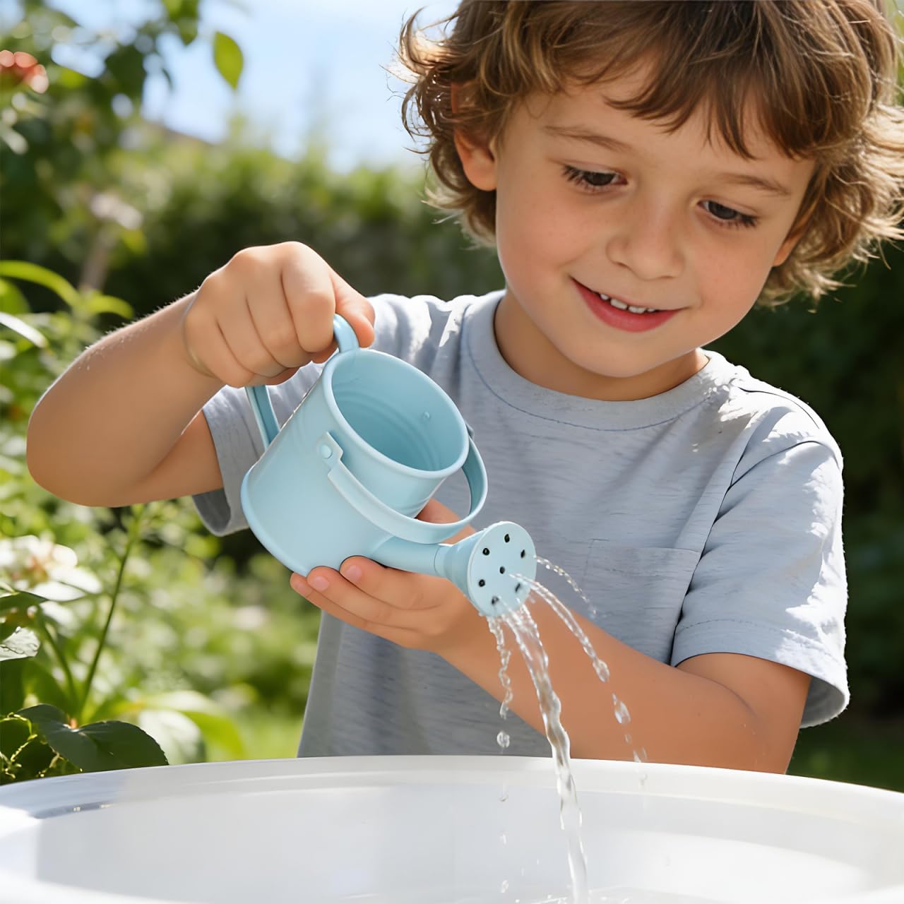 NUOBESTY 5Pcs Mini Kids Watering Can Set, Metal Cans Toddlers Small Long Spout Watering Can for Garden Play, Indoor Balcony Plants, Patio Flowers, Little Hands (Random Colors)