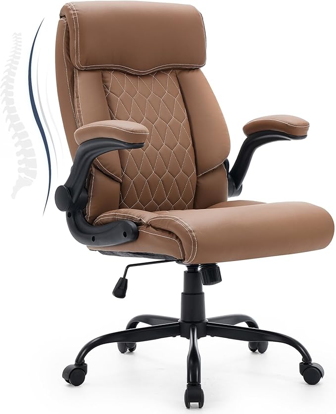 High Back Office Chair with Flip-up Armrests, Leather Comfy Desk Chair with