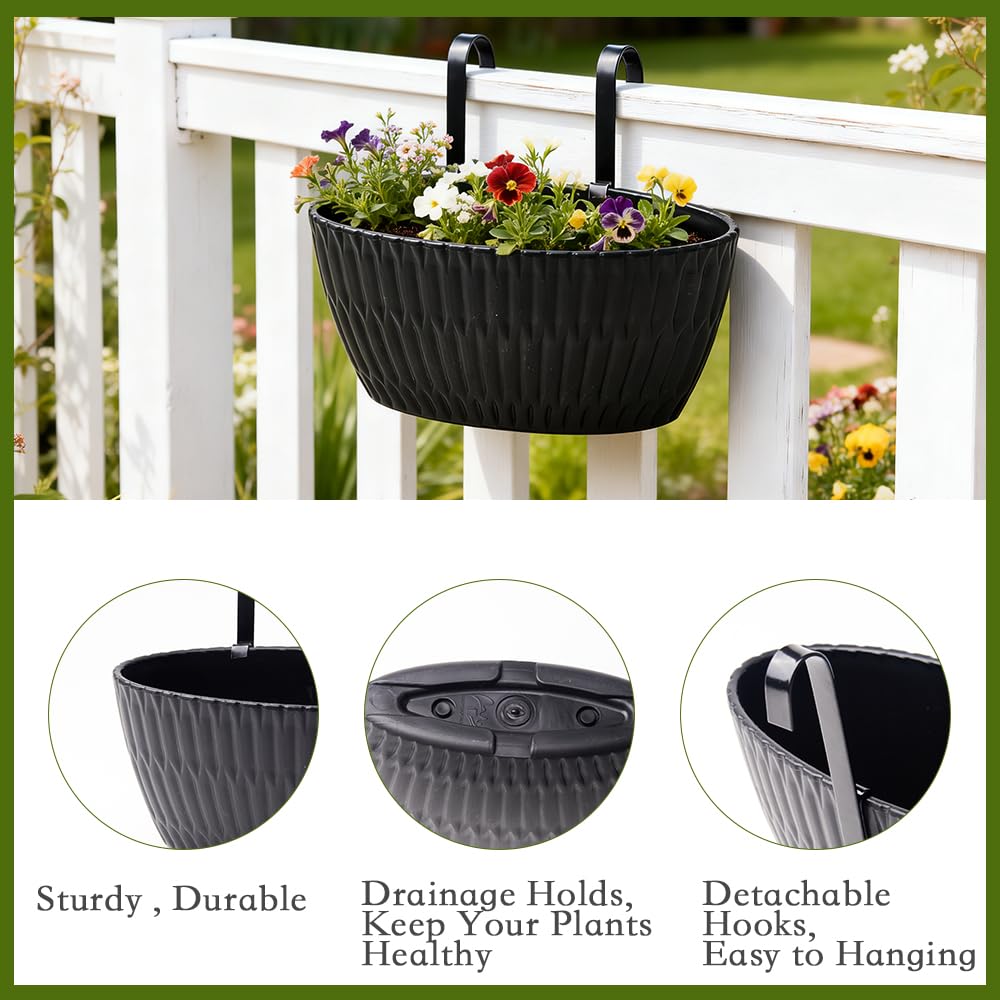 YUNLINGAA 9 Inch Hanging Flower Pots, 3 Pcs Black Railing Fence Hanging Bucket Planter with Detachable Hooks, Countryside Window Plant Holder for Outdoor Garden Yard Home Decor