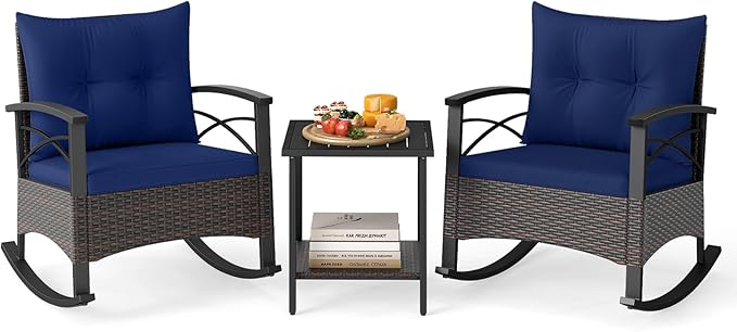 Tangkula 3 Piece Rattan Rocking Chair Set, Patio Rocker Bistro Set w/Acacia