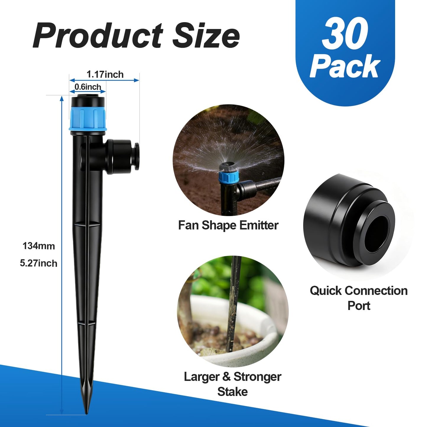FoxRose 30 Pack Quick Connect 1/4 Inch Drip Irrigation Emitters Fittings, 1/4'' Dripline Push-to-Fit Irrigation Vortex Emitters Adjustable 360 Degree Emitter with Stake for Garden Sprinkler Systems