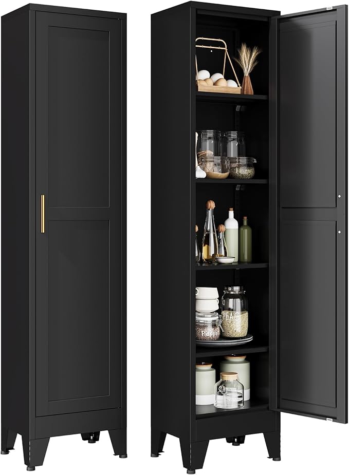 YAUWOH White Narrow Metal Storage Cabinet, Tall Freestanding Cabinet