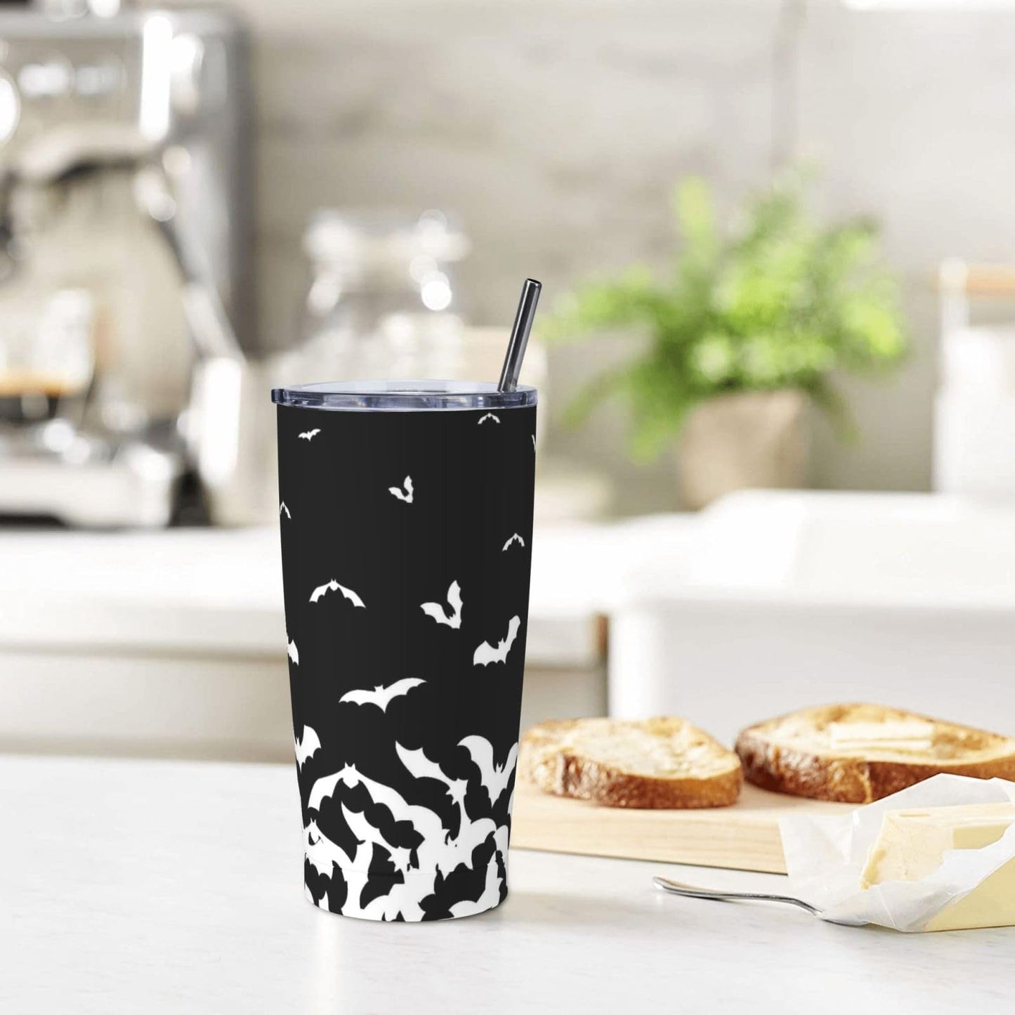 TOUNHEYA Halloween Bat Tumbler with Lid and Straw Black White 20oz Insulated Stainless Steel Cup Animal Travel Coffee Mug Water Bottle for Women Gift for Birthday Christmas