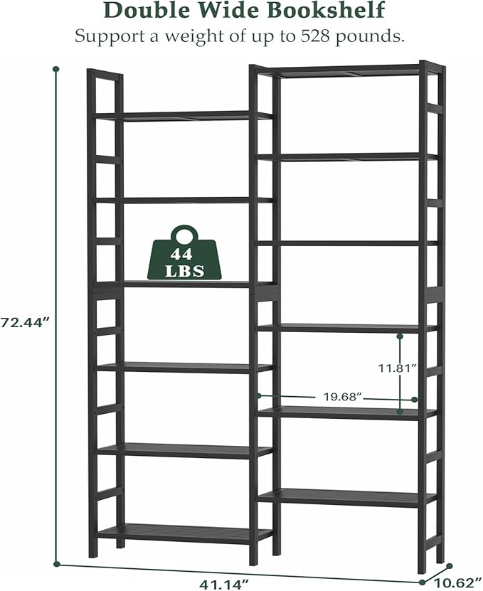 Homykic Double Wide Bamboo Bookshelf Black, 6-Tier Large Open Bookcase