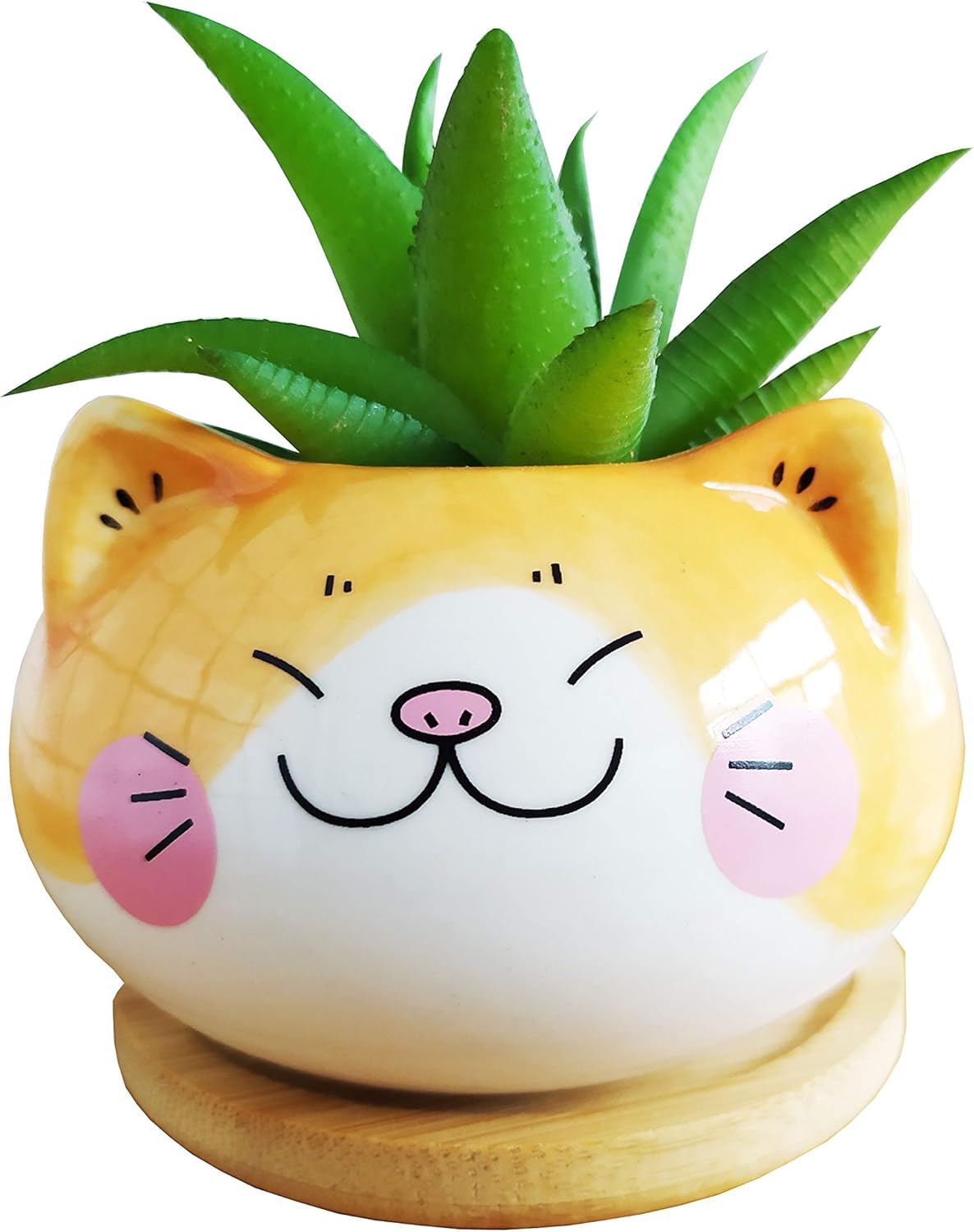 Cuteforyou Cute 3.5 Inches Indoor Cartoon Animal Cat Shaped Ceramic Succulent Cactus Flower Plant Pots with Bamboo Tray-Plant Not Included (6 Corlors)