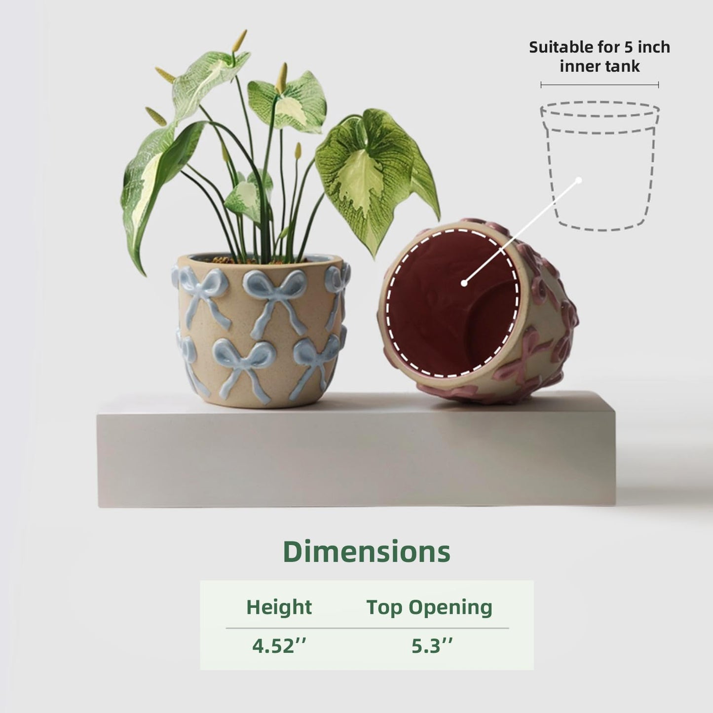Yokiiimakiii Ceramic Flower Pots for Indoor and Outdoor Plants, Succulent Orchid Round Clay and Terracotta Planter for Garden Home Modern Decoration 5.3 Inch (Pink Bow, Without Saucers)
