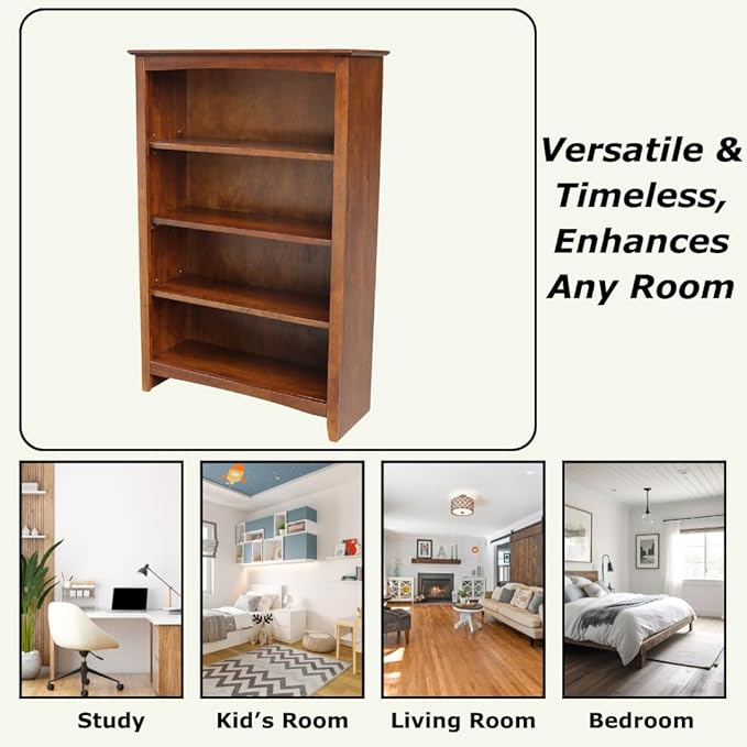 Solid Wood Bookcase 48" High, Adjustable Shelves, Parawood Construction