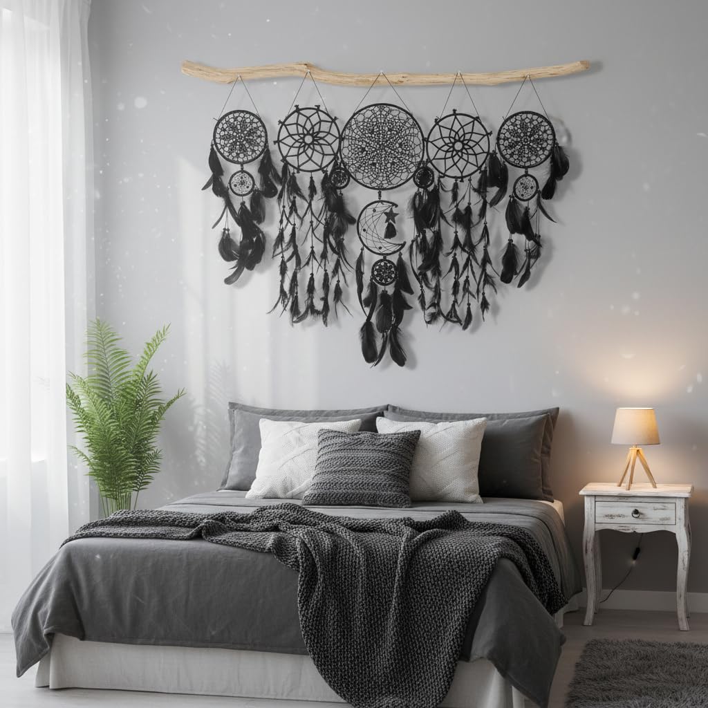 5 Pack Black Dream Catchers Boho Wall Decor Macrame Wall Hanging Large Moon Phase Handmade Traditional Dream Catcher for Bedroom Adult Living Room Home Halloween Decorations,Witchy Gifts(Black Set)