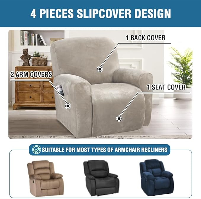 H.VERSAILTEX Velvet Stretch Recliner Couch Covers 4-Pieces Style Recliner Chair