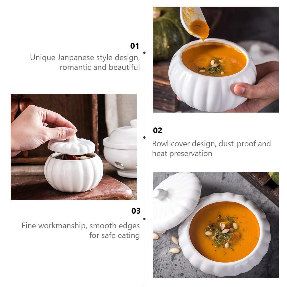 BESTonZON Ceramic Pumpkin Soup Bowl with Lid 4.13 Inch Covered Stew Soup Bowl Porcelain Serving Dish for Pumpkin Desserts and Stews Kitchen Dinnerware