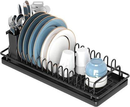 XYZLVSI Compact Small Dish Rack Sink Drying Rack with Silicone Mat, Stainless Steel Dish Drainer for Kitchen Cabinet, Kitchen Sink Rack,Dish Holder, Black