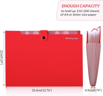 SKYDUE 8 Pockets Expanding File Organizer, Expandable File Folders with Pockets, Portable Document Paper Organizer, A4 Letter Size Filing Folder, Snap Closure, Red