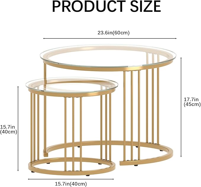 Garden 4 you Nesting Coffee Table, 23.6" Round Coffee Table Set of 2, Glass