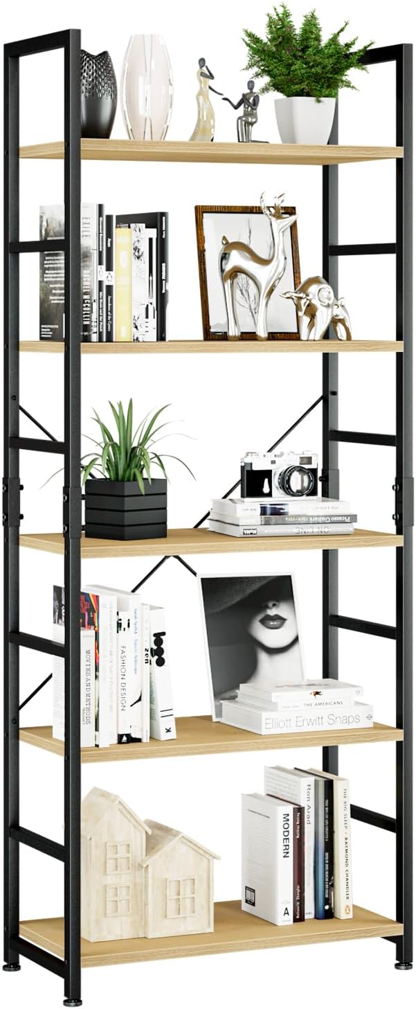 NUMENN 5 Tier Bookshelf, Tall Bookcase Shelf Storage Organizer, Modern Book